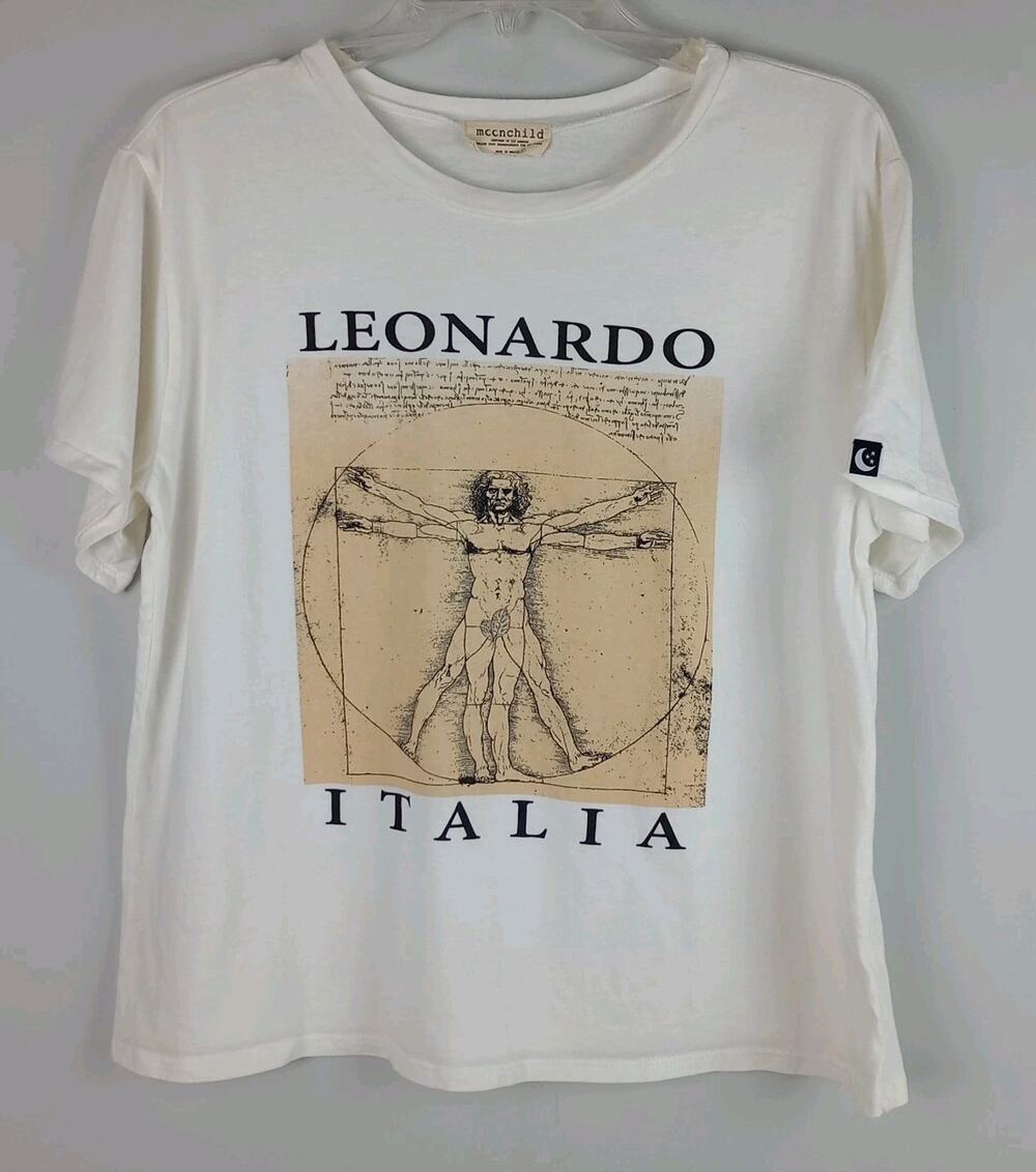 Moonchild Womens L White Leonardo Italia Vitruvian Man White Crop Tshirt